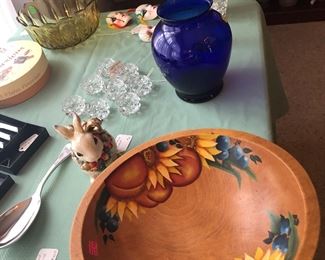 More nice table stuff -- burl painted bowl, Bohemian crystal salt cellars, etc.