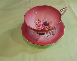 Royal Standard, Teacup, Tea Cup, Saucer, Coral, Orange, Ombre, Floral, Flowers, Vintage, Wide Mouth, Pretty, England, Green Stamp