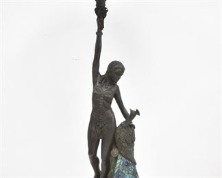 AFTER WOLFERS , LARGE BRONZE & LEADED GLASS PEACOCK LADY FLOOR LAMP
