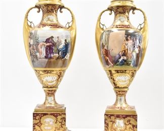 (Pr) PALATIAL ROYAL VIENNA COVERED URNS WITH ROMANESQUE PAINTINGS 