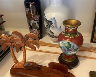Cloisonne, wood carved envelope desktop cradle, asian vases & more!