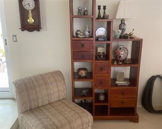 Step bookshelves, solid wood, asian styling & two sided... A beautiful piece! Lots of cool tchotchkes too!