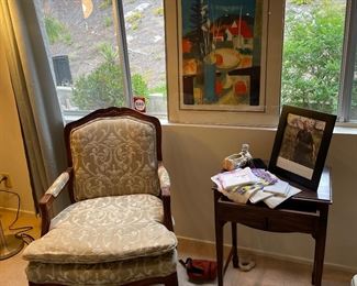 Signed framed mid-century art behind new glass... misc. antiques - table, chair & a framed autographed photo of a war hero!