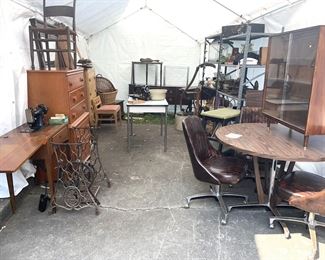 Our overflow furniture tent. From great MCM table & chairs to antiques