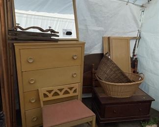 MCM blond bedroom set - chesk, full size bed and vanity bench.