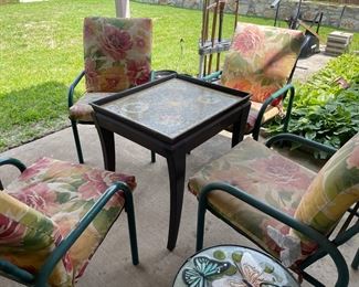 Garden chairs, mosaic table, glass butterfly table