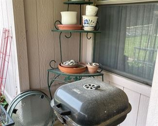 BBQ, metal corner shelf, pots