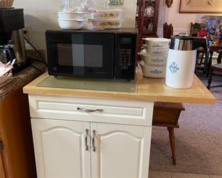 Pine top kitchen cupboard, microwave, Corning items