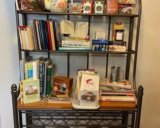 Bakers rack, tea pot, cook books