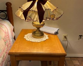 Vintage side table, vintage electrified oil lamp with shade