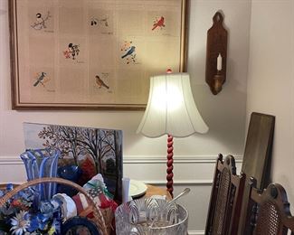 needlepoint, floor lamp and original oil