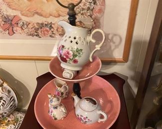 Miniature tea sets on a vintage  50’s two-level cookie/chocolate server for your afternoon tea and coffee