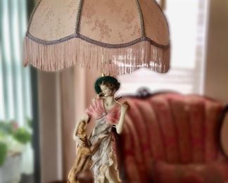 Lady & Her Dog, OK Collection, Large Vintage Lamp & Fringed Shade 