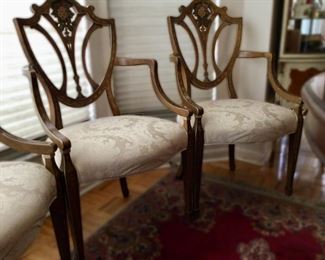 Four Edwardian Hepplewhite Design Arm Chairs, Floral Embellished Decorative Arts, Pierced Shield Backs< Vintage 