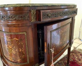 Antique Marquetry Marble Top Commode, Side View