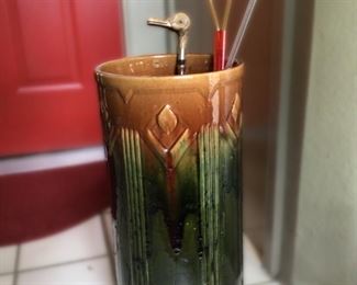 Roseville Majolica Art Pottery Brown and Green Umbrella Stand