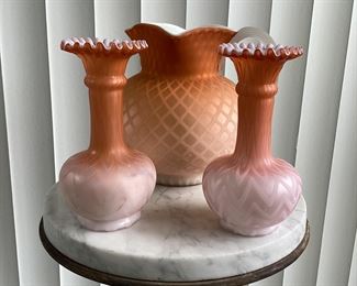 Mt. Washington American Art Glass Apricot Mother of Pearl Satin Glass Vintage Vases