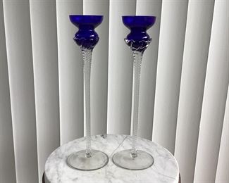 Art Glass  Cobalt Blue Twist Stem Pair of Candlesticks