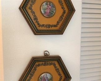 Pair of Vintage Cries of London Ceramic Medallions in Fancy Frames 