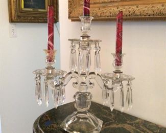 Two Tier Vintage Glass Candelabra with Glass Prism Dangles 