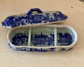 Vintage Ceramic Porcelain Flow Blue Covered Condiment Dish