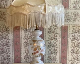 Vintage Germany Bristol Glass Table Lamp, White Glass with Gold Painted Flowers