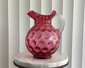 Vintage Large Fenton Cranberry Pink Coin Dot Glass Pitcher with Ruffled Edge 