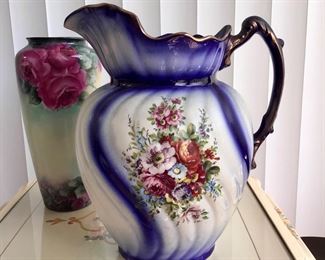 Large Vintage or Antique Floral Embellished Blue & Gold Trim Water Pitcher