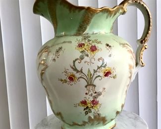 Large Green & White Gold Trim Vintage or Antique Water Pitcher