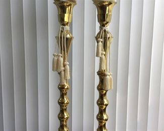 Tall, Heavy Pair of Brass Candle Holders with Flame Shaped Candles