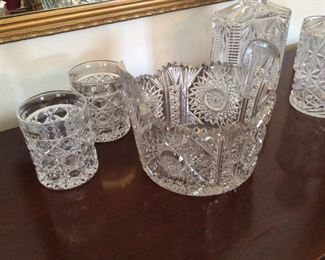 Antique Lead Crystal & Cut Glass Tumblers, Decanter & Ice Bucket