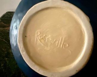 Roseville Blackberry Vintage Art Pottery Green Ceramic Squat Vase, Makers Mark