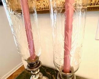 Pair Sterling Weighted Candle Holders with Etched Glass Shades