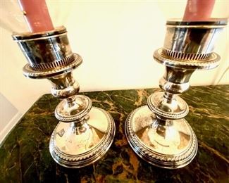 Pair Sterling Weighted Candle Holders with Etched Glass Shades