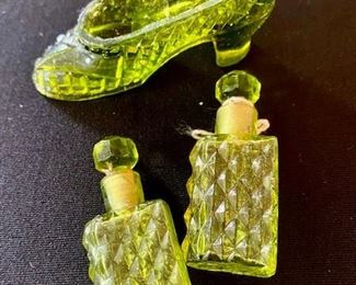 Tiny Green Glass Slipper & Tiny Glass Vintage Perfume Vials