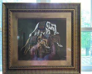 Vintage 3 Elephant picture from Bangkok. Overall size 31"wide by 29" high