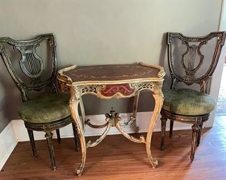 Lovely velvet green antique chairs. Beautiful inlaid antique table
