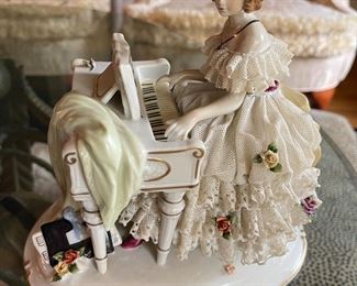 Antique Unter Weiss Bach Porcelain Lace Figurine Lady at Piano, made in Germany