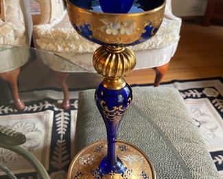 Czech hand painted cobalt blue candle stick holder
