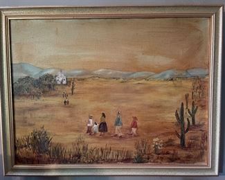 Serene oil painting of family heading to church
