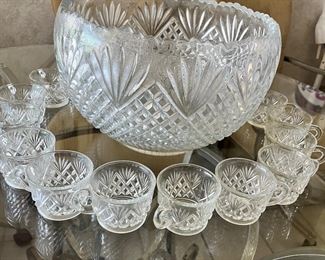Vintage oversized crystal cut punch bowl with cups