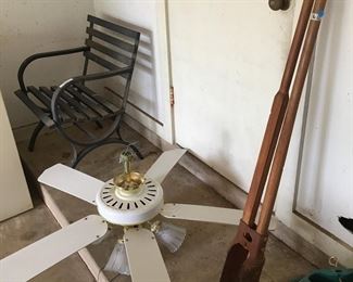 Ceiling fan, metal chair, post hole diggers