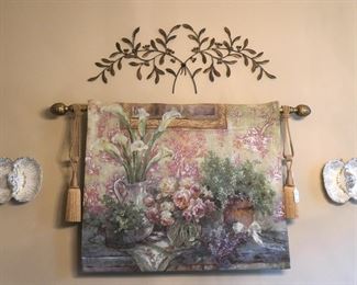 Floral tapestry, metal olive branches and two matching antique sweet dishes