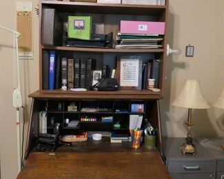 Small drop front desk with upper shelf unit