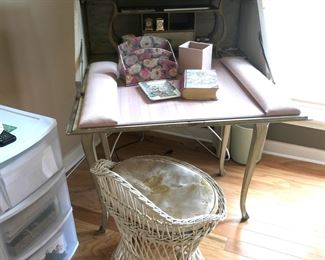 Small drop front antiqued desk, wicker vanity stool