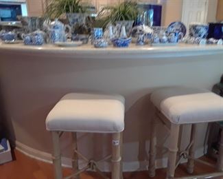 Great pair of sturdy bar stools and large blue and white collection