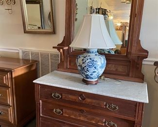 Victorian marble top dresser. $250 Japanese lamp $35