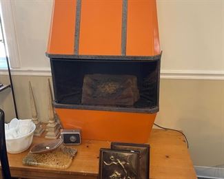 Barely used retro electric fireplace from Sears w/papers $95, Sitting on a Lane pine coffee table $25