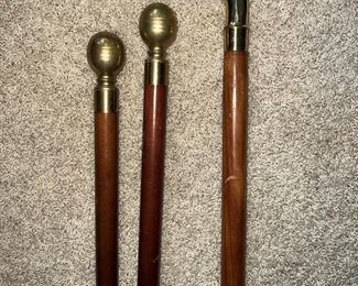 Brass top walking sticks cane. Two with hidden  compass and flask