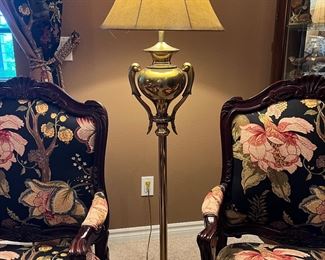 Solid brass floor lamp 2 matching floral chairs